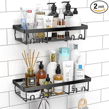 Moforoco Shower Caddy Shelf Organizer Rack, Self Adhesive Black Bathroom Shelves Basket