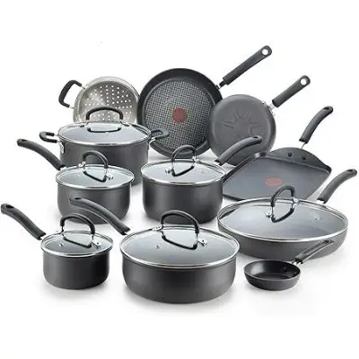 T-fal Ultimate Hard Anodized Nonstick Cookware Set, 17 Piece, Oven Broiler Safe 400°F, Dishwasher Safe, Includes Fry Pans, Saucepans, Sauté Pan, Griddle, Pots & Pans